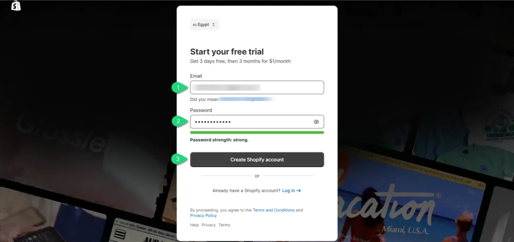 03- بيانات تسجيل الدخول إلى منصة شوبيفاي الخطوة الأولى من خطوات إنشاء متجر شوبيفاي