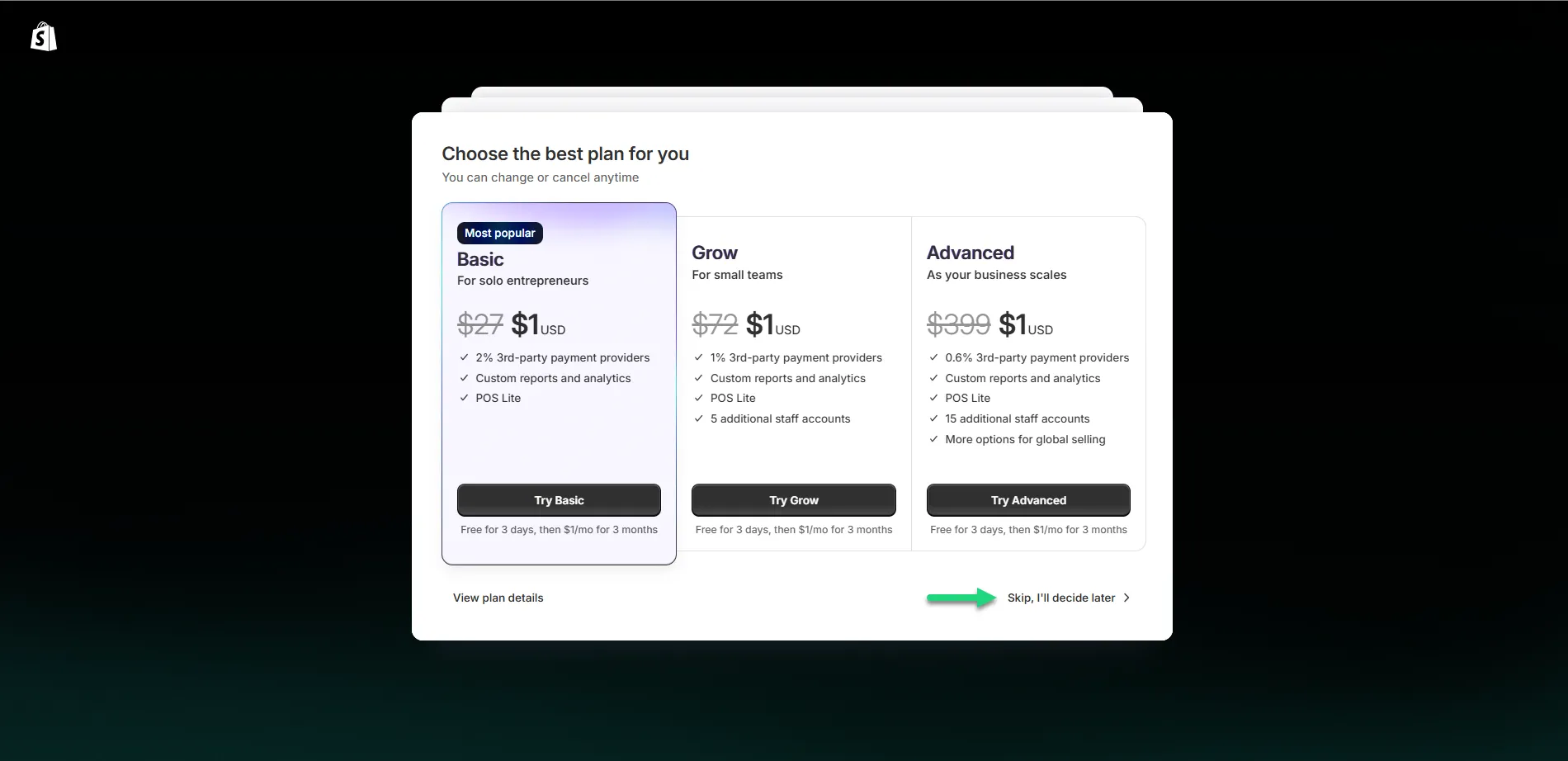 تحديد خطة اشتراكك في منصة شوبيفاي